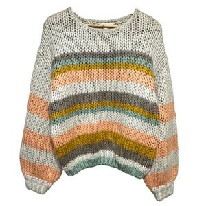 By Together Striped Chunky Knit Sweater Women M Crew Neck Cozy Oversized Slouchy